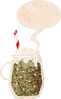 cartoon root beer and speech bubble in retro textured style