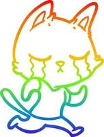 rainbow gradient line drawing crying cartoon cat running away vector