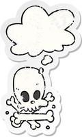 cartoon skull and bones and thought bubble as a distressed worn sticker vector