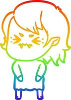 rainbow gradient line drawing annoyed cartoon vampire girl vector