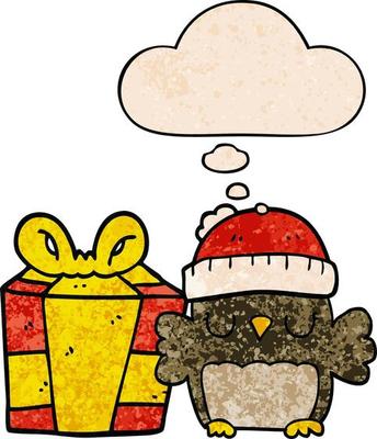 cute christmas owl and thought bubble in grunge texture pattern style