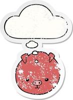 cartoon pig and thought bubble as a distressed worn sticker vector