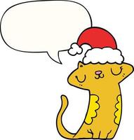 cute cartoon cat wearing christmas hat and speech bubble vector