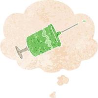 cartoon syringe needle and thought bubble in retro textured style vector