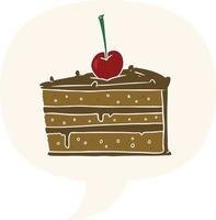 cartoon tasty chocolate cake and speech bubble in retro style vector