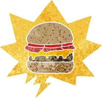 cartoon burger and speech bubble in retro textured style vector