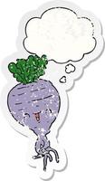 cartoon turnip and thought bubble as a distressed worn sticker vector