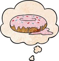 donut de dibujos animados y burbuja de pensamiento en estilo de patrón de textura grunge vector