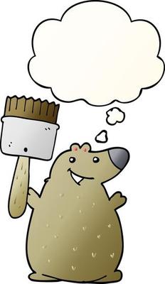 cartoon bear with paint brush and thought bubble in smooth gradient style
