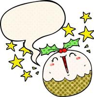 cute cartoon happy christmas pudding and speech bubble in comic book style vector