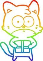 rainbow gradient line drawing cartoon cat with present vector