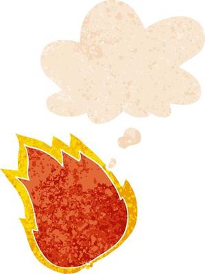 cartoon fire and thought bubble in retro textured style