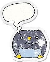 cartoon penguin and speech bubble distressed sticker vector