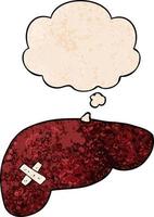 cartoon unhealthy liver and thought bubble in grunge texture pattern style