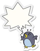 cartoon frightened penguin and speech bubble sticker vector