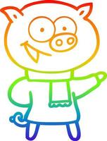 rainbow gradient line drawing cheerful pig wearing winter clothes cartoon vector