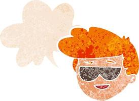 niño de dibujos animados con gafas de sol y burbujas de habla en estilo retro texturizado vector