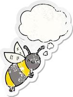 cute cartoon bee and thought bubble as a distressed worn sticker vector