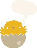 cartoon chick hatching from egg and speech bubble in retro style vector