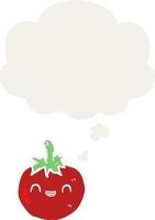 cute cartoon tomato and thought bubble in retro style vector