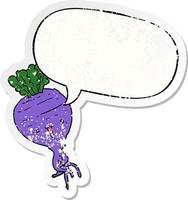 cartoon turnip and speech bubble distressed sticker vector