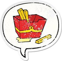cartoon box of fries and speech bubble distressed sticker vector