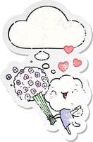 cute cartoon cloud head creature and thought bubble as a distressed worn sticker vector