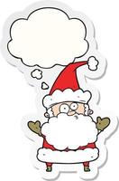 cartoon confused santa claus and thought bubble as a printed sticker vector
