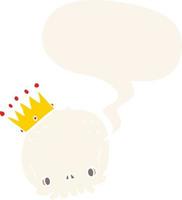 cartoon skull and crown and speech bubble in retro style vector