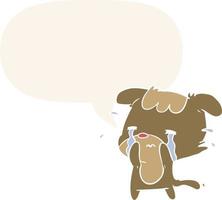 perro triste de dibujos animados llorando y burbuja de habla en estilo retro vector