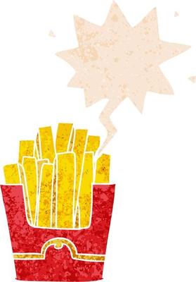 cartoon fries and speech bubble in retro textured style