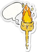 cartoon flaming torch and speech bubble distressed sticker vector