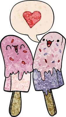 cartoon ice lolly in love and speech bubble in retro texture style