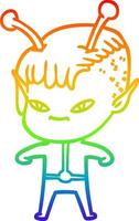 rainbow gradient line drawing cute cartoon alien girl vector