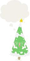 árbol de navidad de dibujos animados y burbuja de pensamiento en estilo retro vector