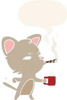 dibujos animados serio gato de negocios y café y cigarro y burbuja de habla en estilo retro vector