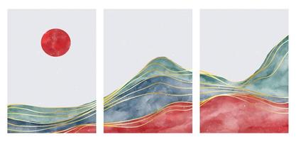 Mountain landscape with watercolor brush and golden line art print. Abstract mountain contemporary aesthetic backgrounds landscapes. vector illustrations