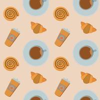 Desert pastry, hot drinks. Sweet croissant, cinnamon roll, pumpkin space latte cup, mug. Vector flat seamless pattern.