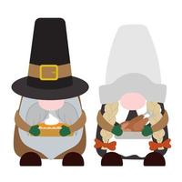 personaje de gnomos de acción de gracias disfrazados de peregrinos sosteniendo pavo y pastel de calabaza. ilustración vectorial aislado sobre fondo blanco. vector