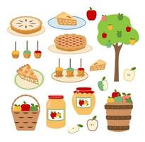 Fall vector apple illustrations set. Apples, tree, apple in basket, candy, cake, jelly, jam, pies and slices of apple pie. Isolated on white background. Great for cards, invitation, harvest festival.