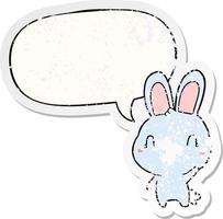 cute cartoon rabbit waving and speech bubble distressed sticker vector