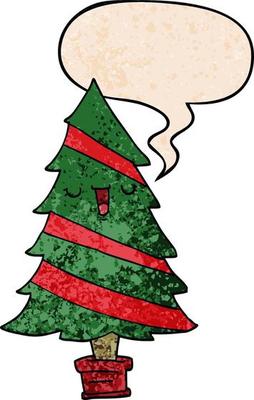 cartoon christmas tree and speech bubble in retro texture style
