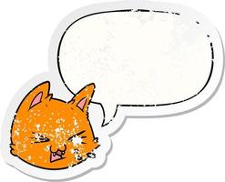 spitting cartoon cat face and speech bubble distressed sticker vector