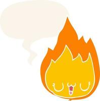 cartoon flame and face and speech bubble in retro style vector