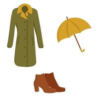 set of autumn clothes coat umbrella shoes vector