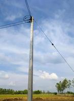 el poste eléctrico de hormigón cerca del camino de tierra en el campo de arroz. foto