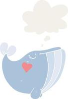 cartoon whale with love heart and thought bubble in retro style vector