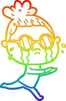 rainbow gradient line drawing cartoon crying woman wearing spectacles vector