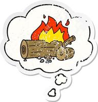 cartoon camp fire and thought bubble as a distressed worn sticker vector