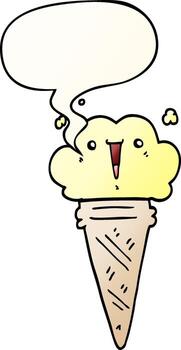 cartoon ice cream and face and speech bubble in smooth gradient style vector